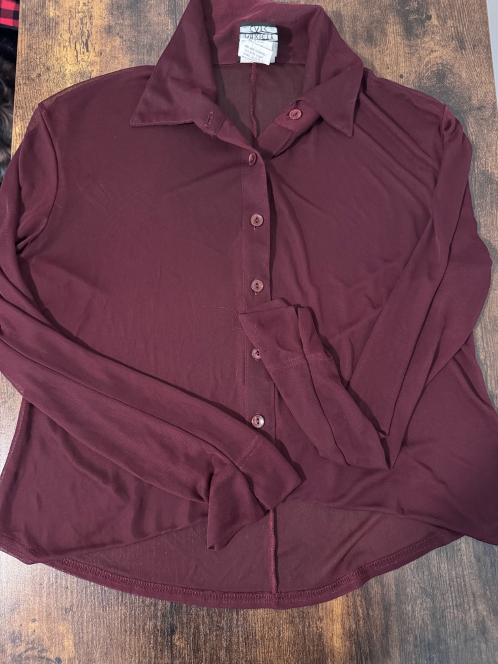 Anxiety Cafe Burgundy Sheer Collared Long Sleeve Button Down VTG Top Blouse M - Picture 5 of 11